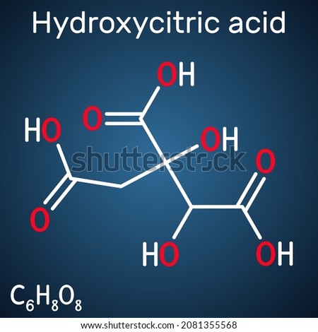 Hydroxycitric acid, HCA molecule. It is derivative of citric acid, is found in tropical plants. Structural chemical formula, dark blue background. Vector illustration