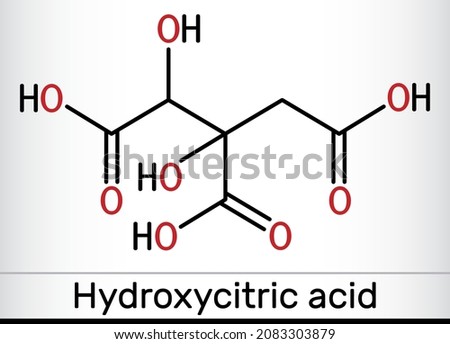 Hydroxycitric acid, HCA molecule. It is derivative of citric acid, is found in tropical plants Garcinia cambogia, Hibiscus sabdariffa. Skeletal chemical formula. Vector illustration