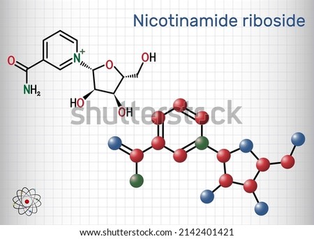 Nicotinamide riboside, NR, SR647 molecule. It is N-glycosylnicotinamide, pyridine nucleoside similar to vitamin B3. Structural formula, molecule model. Sheet of paper in a cage. Vector illustration