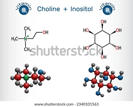 Choline and  inositol vitamin-like essential nutrien molecule. Vitamin B4 and Vitamin B8, combined together in supplements. Structural chemical formula, molecule model. Vector illustration