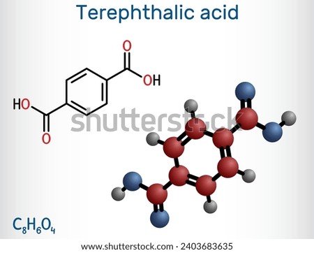 Terephthalic acid molecule. It is benzenedicarboxylic acid, precursor to the polyester PET. Structural chemical formula, molecule model. Vector illustration