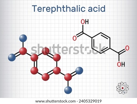 Terephthalic acid molecule. It is benzenedicarboxylic acid, precursor to the polyester PET. Molecule model. Sheet of paper in a cage. 