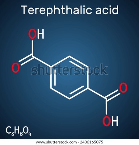 Terephthalic acid molecule. It is benzenedicarboxylic acid, precursor to the polyester PET. Structural chemical formula on the dark blue background. Vector illustration