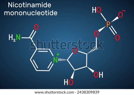 Nicotinamide mononucleotide, NMN molecule. It is naturally anti-aging metabolite, precursor of NAD+. Structural chemical formula on the dark blue background. Vector illustration