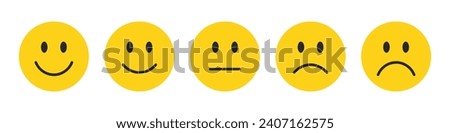 Rating emojis set in yellow color. Feedback emoticons collection. Very happy, happy, neutral, sad and very sad emojis. Flat icon set of rating and feedback emojis icons in yellow color.