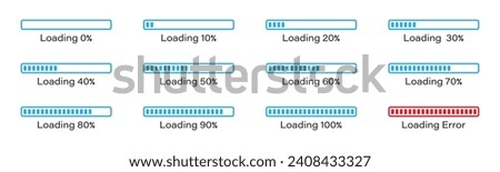 Percentage loading bar infographic icon set 0-100% in blue colour. set of percentage loading bar  10%, 20%, 70, 90%, 100% in blue color. Rectangle bar percent loading and process symbols collection.