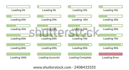 Percentage loading bar infographics icon set 0-100% in green colour.  Rectangle bar percent loading and process symbols collection. set of percentage loading bar 5%, 10%, 95%, 100% in green color.