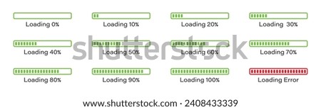 Percentage loading bar infographic icon set 0-100% in green colour. set of percentage loading bar  10%, 20%, 70, 90%, 100% in green color. Rectangle bar percent loading and process symbols collection.
