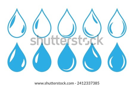 Water drop symbol icon with shine set of five in red color with fill and outline. Water drop shape. Water drops set  isolated on white background.