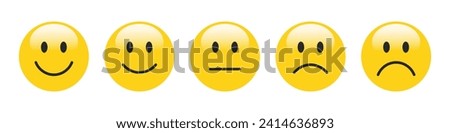 3D rating emojis set in yellow color. Feedback emoticons collection. Very happy, happy, neutral, sad and very sad emojis. Flat icon set of rating and feedback emojis icons in yellow color.