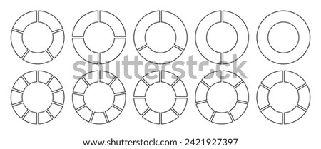 Circle divided into 1-8 parts in black color outline. Hollow circle segmented into 1-10 parts diagram graph icon set. Pie shape section chart in ten parts in black color outline.
