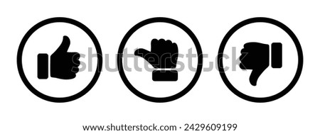 Like, dislike and neutral thumb symbols in black circle outline. Feedback and rating thumbs up and thumbs down icon set. Thumbs up, down and sideways symbols isolated on white background.