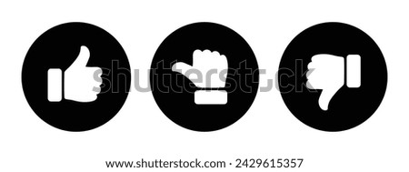 Like, dislike and neutral thumb symbols in white and black circle. Feedback and rating thumbs up and thumbs down icons set. Thumbs up, down and sideways icon set isolated on white background.