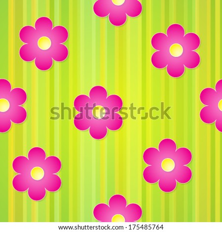 Vector seamless pattern with paper flowers. Spring design with stripes background. Pink flowers in a green backgronds.