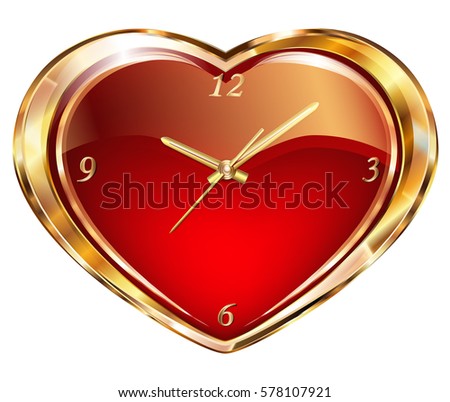 Clock with red hearts. Gold watches and clocks on a background of red velvet heart with floral ornament illustration
