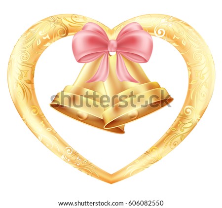 Wedding bells with hearts and a pink bow in a gold frame with a floral oriental ornament. Illustration of white background