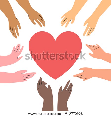 Several pairs of hands of diffirent skin shades upholding a heart symbol. Love, support and togetherness concept. Isolated on white background, top view.