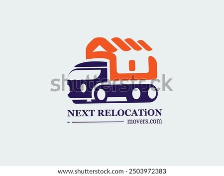 The image shows a logo for a moving company called “Next Relocation.” It features a stylized graphic combining a moving truck and a house, indicating relocation services. The text “NEXT RELOCATION”