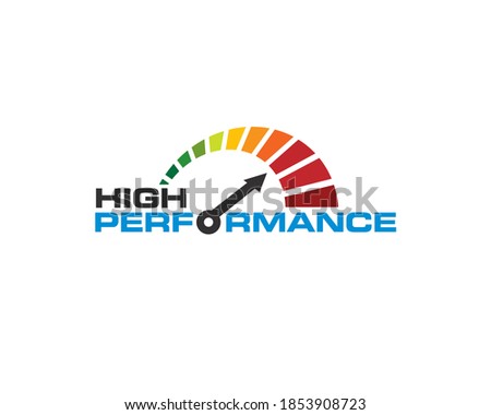 high performance speed wordmark logo with illustration of speed indicator gauge on maximal power