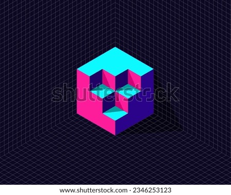 grid background with 3d neon isometric hexagon cube transformation to unique shape cut fill taken apart