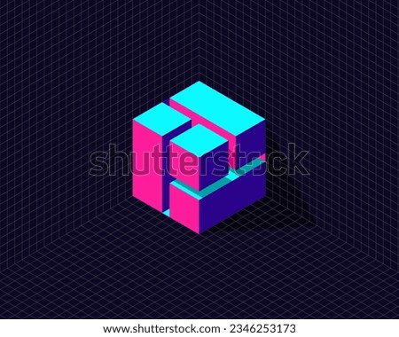 grid background with 3d neon isometric hexagon cube transformation to interconnected puzzle box