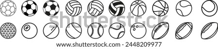 Sport balls set. ball equipment for football, basketball and volleyball. Isolated icons of ball for tennis and rugby, cricket and bowling. Vector in flat style. Collection silhouettes sports balls.