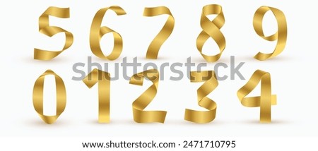 Golden ribbon 3D numbers set. isolated on white background. Birthday golden numbers. Set of gold yellow isolated numbers. Bright metallic 3D, realistic vector design elements. Golden numbers set.