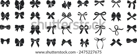 Simple hand drawn Black ribbon bow collection. Bowknot for decoration, big set of bowtie. large Retro hand-drawn ribbon illustration set. Set of various cartoon bow knots, gift ribbons.