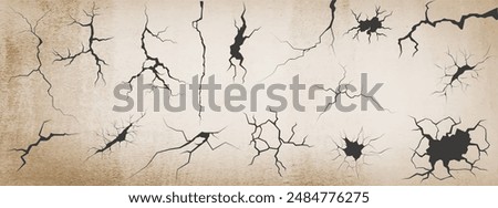 Surface cracks and fissures in ground, concrete, crevices from disaster top view. Breaks on land surface from earthquake. Broken ground, wall, glass pattern effect. Ground cracks Vector illustration