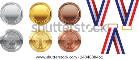 Medal icon set. Realistic medal set. Award golden, silver and bronze blank medals 3d vector realistic illustration. First, second and third place medals or buttons isolated on white background.