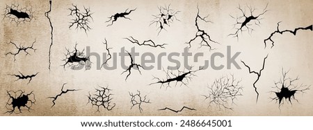 Ground cracks, horizontal breaks on land surface isolated on transparent background. Paint wall crack effect vector set. Isolated split and damage fracture illustration set. broken floor illustration