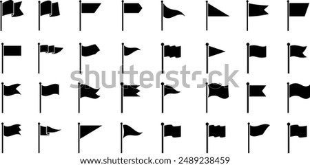 Different flag icons set. Black flags icons and pennants signs isolated on white background for infographic. Black flags silhouettes icons Vector illustration