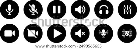Speaker, Mic and Video Camera related icons. Basic icons for Video Conference, Webinar and Video chat. Speaker, Mic and Video Camera glyph icon set. Microphone, audio, sound, mute, off concept Vector