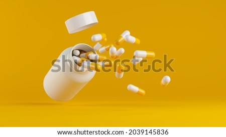 Capsule orange and white color pill was out of white plastic pill bottle on orange background. 3D render. Stock fotó © 