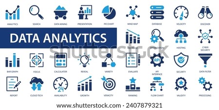 Data analysis icon set. Graphs, statistics, analytics, analysis, big data, growth, chart, research, UI, UX, GUI and more flat icon.