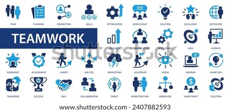 Teamwork icons set. business people, idea, presentation, goal, reward and others. Business teamwork, human resources. Flat icons collection.