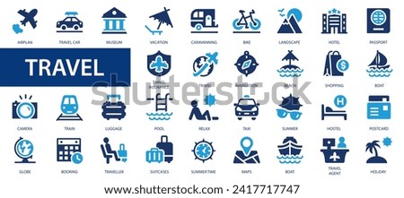 Travel flat icons set. Summer vacations symbols. Traveling, vacation, relax and tourism signs collection.