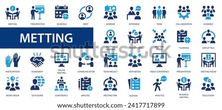 Meeting vector icon set. Conference, classroom, containing seminar, team, interview, conference, work, classroom collection.