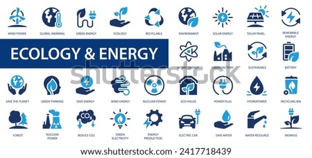 Ecology line icons set. 50 Ecology and nature green symbol collection. Green energy, renewable energy and green technology symbol.