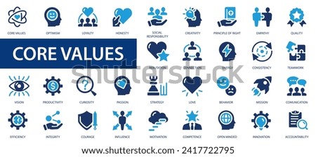 Core values icons set. Performance, passion, love, motivation, empathy, mission, goal, accountability more flat icon.