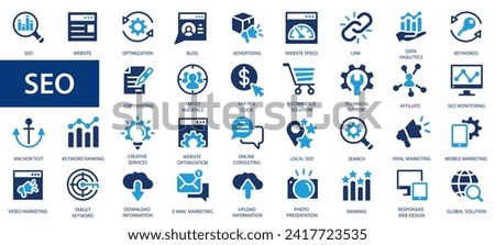 SEO icons collection. Search Engine Optimization icon set. Flat icons collection.