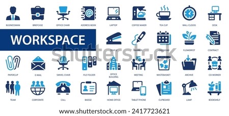 Workspace and Office icons. Desk, computer, briefcase, clock, meeting. Flat icons collection
