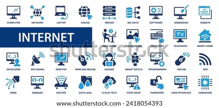 Internet flat icons set. Computer, desktop, network, website, server, programming and more signs. Flat icon collection.