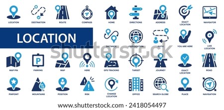 Location flat icons set. Navigation and map pointer symbols. Address, gps, destination, directions, distance, place, point, mark. Flat icon collection.