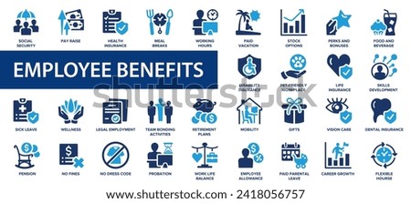 Employee benefits flat icons set. Pay raise, maternity rest, health and life insurance, paid vacation, social security icons and more signs. Flat icon collection.