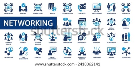 Networking flat icons set. Connection, events, inclusion, referral, community, online networking icons and more signs. Flat icon collection.