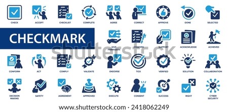 Check mark flat icons set. Approved, selected, accept, check, message, correct icons and more signs. Flat icon collection.