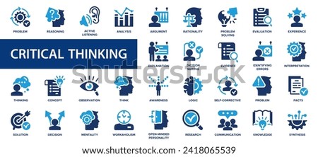 Critical thinking flat icons set. Analysis, think, experience, solution, research, problem icons and more signs. Flat icon collection.