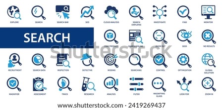 Search flat icons set. Magnifying glass, research, explore, control, search bot, inspection icons and more signs. Flat icon collection.