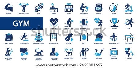 Gym flat icons set. Fitness, training, barbell, kettlebell, muscles, healthy body, cardio training icons and more signs. Flat icon collection.